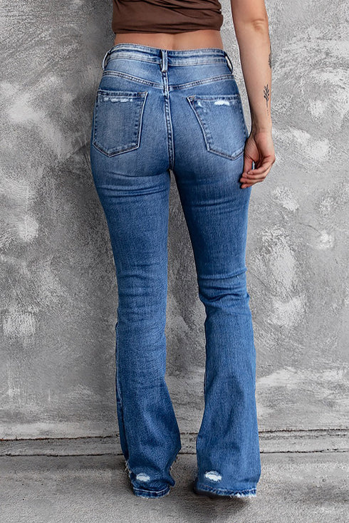 Blue Sequin Bowknot Print Distressed Flared Jeans